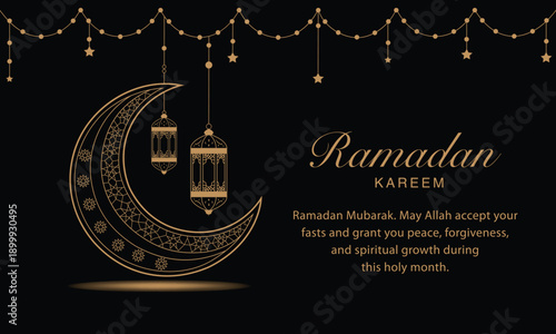 Ramadan Kareem greeting card with crescent moon and lanterns