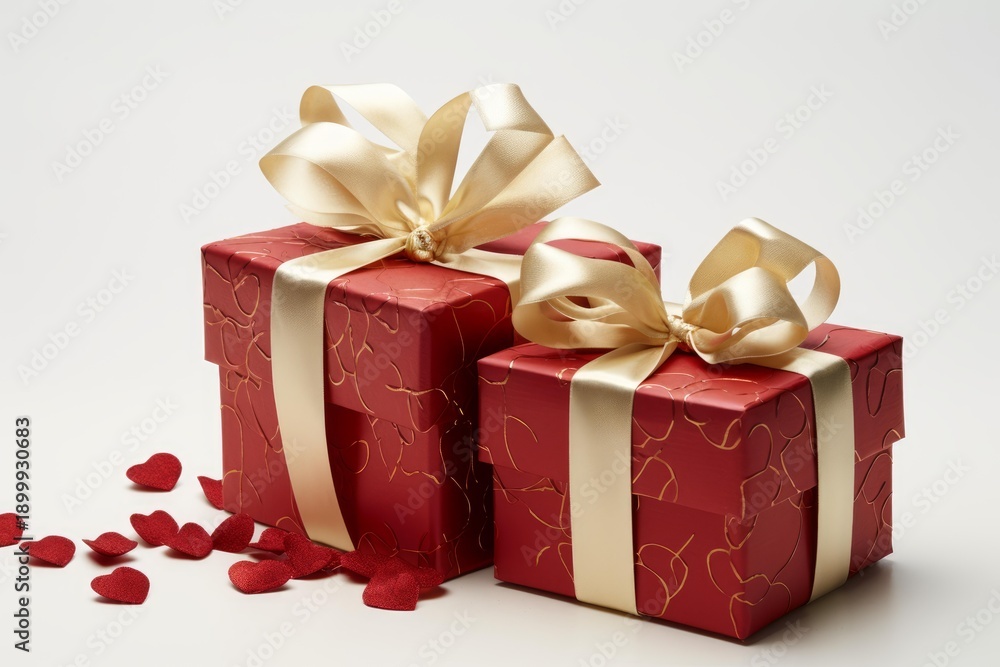 Obraz premium Two beautifully wrapped presents with shimmering ribbons surrounded by decorative hearts