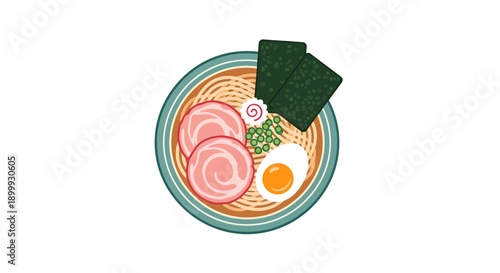 Delicious Top-Down View of Traditional Japanese Ramen Bowl with Chashu Pork, Soft-Boiled Egg