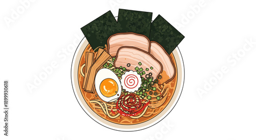 Delicious Traditional Japanese Ramen Bowl with Chashu Pork, Soft-Boiled Egg, Nori Seaweed, Bamboo