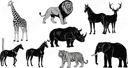 Wild animal and safari mammal illustration set featuring lion elephant giraffe tiger rhino horse deer silhouettes isolated on white background