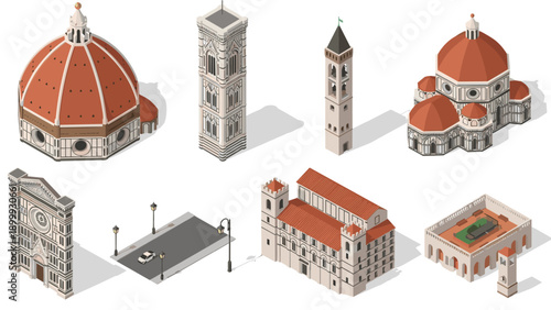 Isometric italian architecture set featuring classic buildings and urban elements