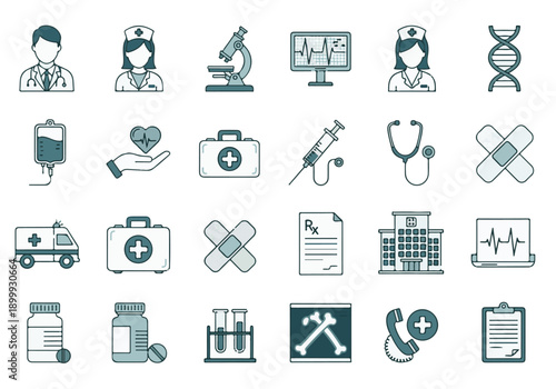 Collection of medical and healthcare service line icons