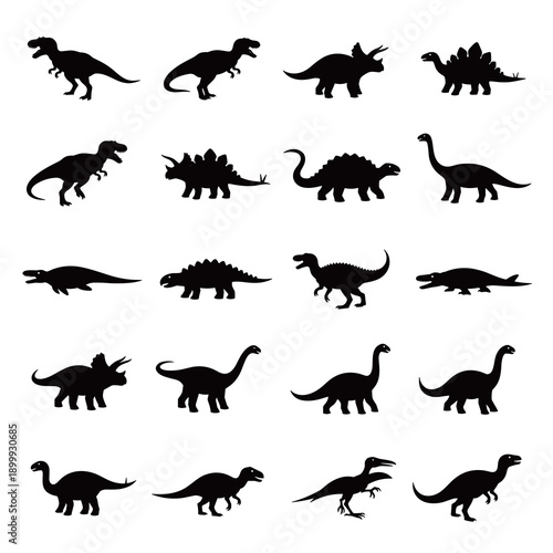 Set of Prehistoric Dinosaur Silhouettes Collection Including Tyrannosaurus Rex Triceratops Stegosaurus and Brachiosaurus Isolated on White Background