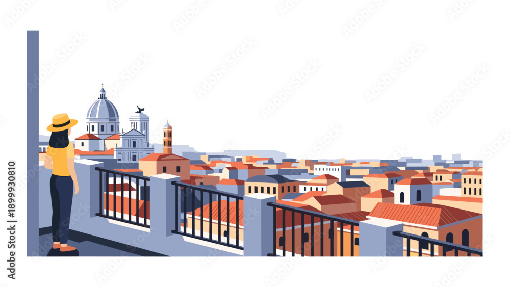 Fototapeta premium Traveler enjoying cityscape view from terrace with dome and rooftops