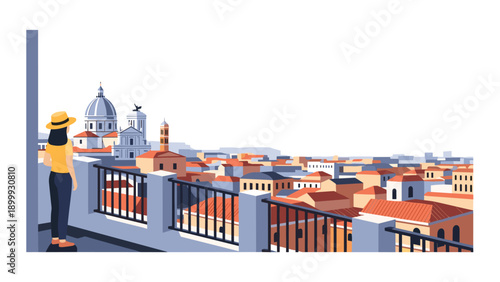Traveler enjoying cityscape view from terrace with dome and rooftops