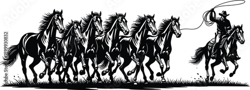 Wild horse herd silhouette with cowboy rider and lasso western vector illustration isolated on white background dynamic prairie ranch scene