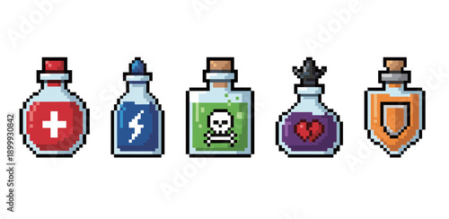 Pixel Art Magic Potions and Alchemy Flasks Collection Featuring Health Mana Poison and Defense Bottles for Retro Video Game Interface Design