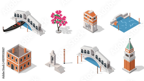Isometric venice landmarks: iconic bridges and architecture in minimalist design
