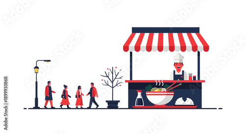 Urban street food stall with a cheerful chef serving delicious ramen and dumplings to customers