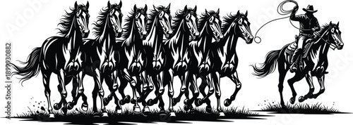 Wild horse herd silhouette with cowboy rider and lasso western vector illustration isolated on white background for ranch and rodeo design
