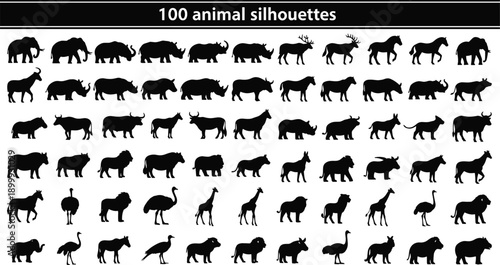 100 animal silhouette vector set featuring wildlife safari and farm animals isolated on white background for designers and creative projects