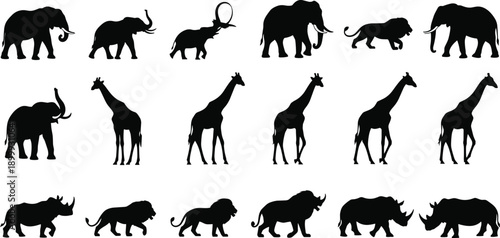 African safari animal silhouette icon set with elephants, giraffes, lions and rhinos, isolated on white background, vector illustration