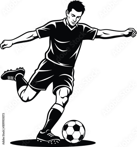 Man kicking a soccer ball with his right foot in a dynamic action pose