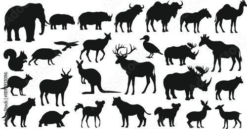 Wildlife animal silhouette collection featuring elephant deer buffalo kangaroo rhino bird and mammal black vector set isolated on white background