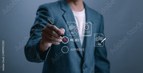 Bild auf Leinwand Business professional rejecting digital documents through virtual approval syste