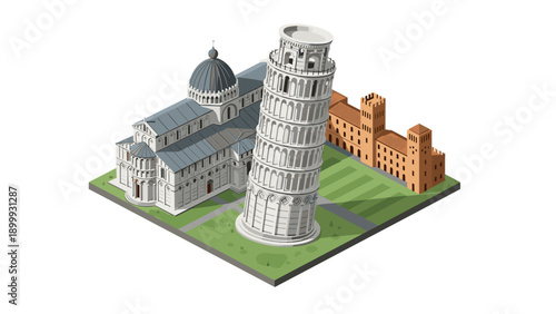 Isometric view of leaning tower of pisa and cathedral complex