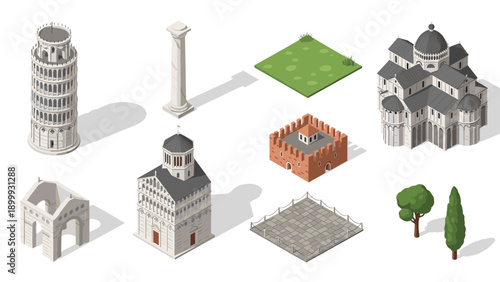 Isometric italian architecture set featuring pisa, roman remains, and tuscan elements