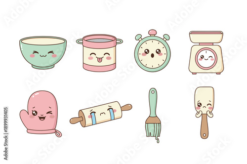 Cute kawaii style kitchen baking tools collection with funny faces including mixing bowl timer rolling pin oven mitt and spatula icons