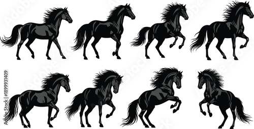Black horse silhouette pose set featuring running walking and rearing stallions vector collection isolated on white background for design projects
