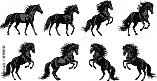 Black horse silhouette pose set featuring running rearing and walking stallions vector collection isolated on white background for design projects