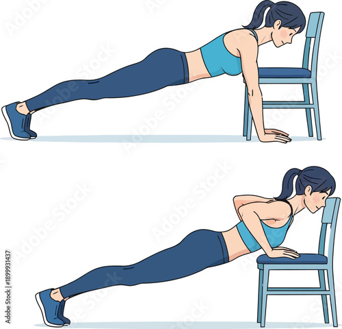 Fitness woman performing incline pushups using a chair, home workout exercise illustration, female athlete training chest and arms in EPS vector format