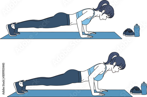Woman demonstrating proper plank exercise technique on yoga mat