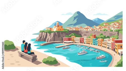 Scenic coastal town with harbor and boats in minimalist style
