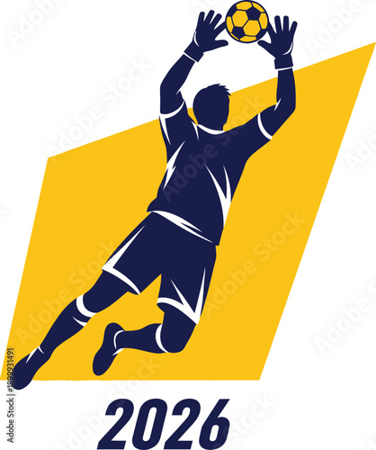 Soccer goalkeeper jumping to catch ball in mid air with gloves on white and yellow background with year 2026  sports action scene