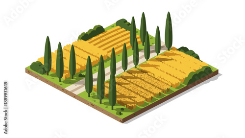 Isometric farmland with wheat fields and trees in summer