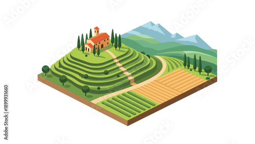 Isometric countryside landscape with terrace farming and mountains