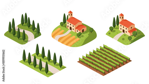 Isometric vineyard landscape with tuscan village and countryside pathways