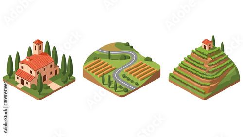 Isometric rural landscapes with farmhouse, winding road, and vineyard hill