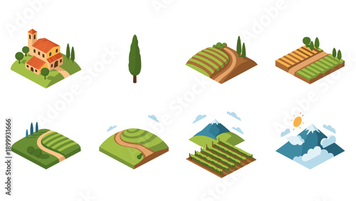 Isometric countryside landscapes with farms and hills