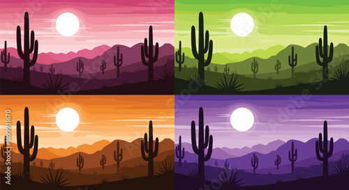 Colorful desert cactus landscape illustration set showing four seasonal sunset scenes vector backgrounds isolated on white for design projects