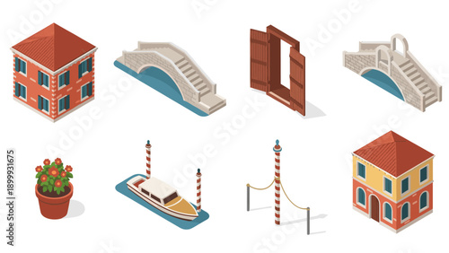Charming venetian architecture and landmarks in isometric style