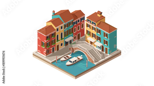 Isometric urban scene with colorful venetian buildings and canal boats