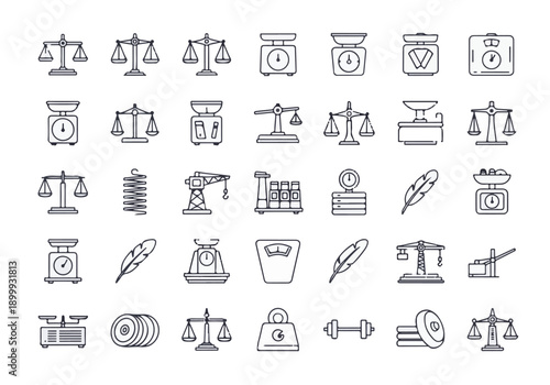 Weight and Measurement Icons Set. Scales, Mass, and Balance Line Art Symbols.