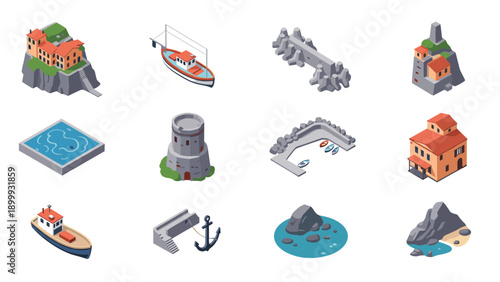 Isometric coastal icons featuring buildings, boats, rocks, and anchors in a nautical theme