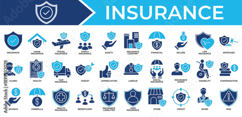 Insurance icon set collection. Containing partnership, disability, insurance, community, support, assurance, target .Solid vector icons collection