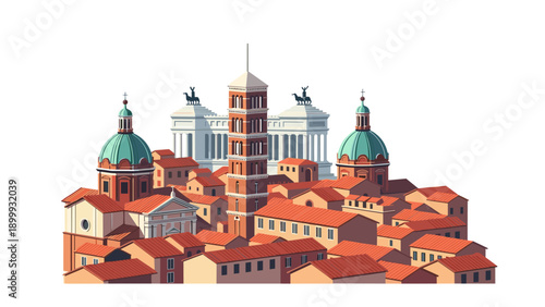 Historic italian cityscape with landmarks and red-tiled roofs