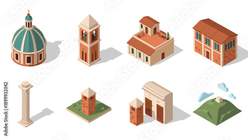 Isometric italian architecture set featuring classic buildings and landmarks