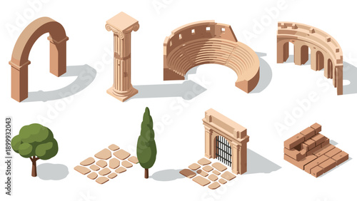 Ancient architecture isometric design elements featuring arches, columns, and stone structures