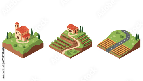 Isometric rural landscape set featuring vineyard, farmhouse, and countryside