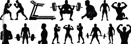 Fitness workout silhouettes set with gym exercises, bodybuilding training, weightlifting and boxing activities isolated on white background