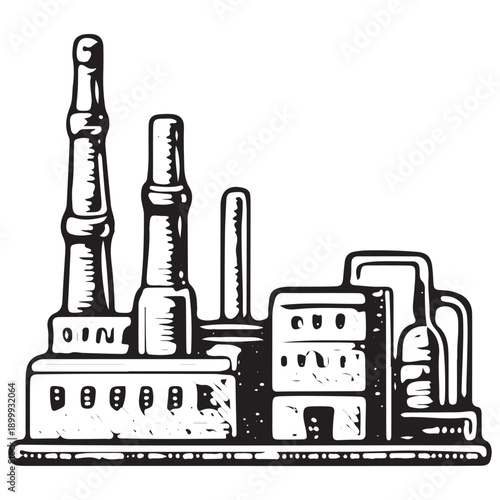Vintage Industrial Refinery Factory Plant Hand Drawn Engraved Energy Production Line Art Icon