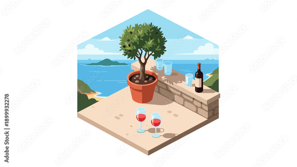 Fototapeta premium Scenic terrace with wine glasses and sea view in isometric style