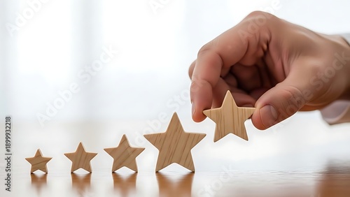 Person carefully placing a fifth wooden star among four smaller ones to complete a perfect five-star rating system representing excellent customer satisfaction achievement or service quality improveme