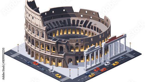 Isometric colosseum with cars and columns on white background