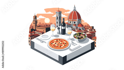 Italian cityscape dining with pizza and wine at sunset in isometric style